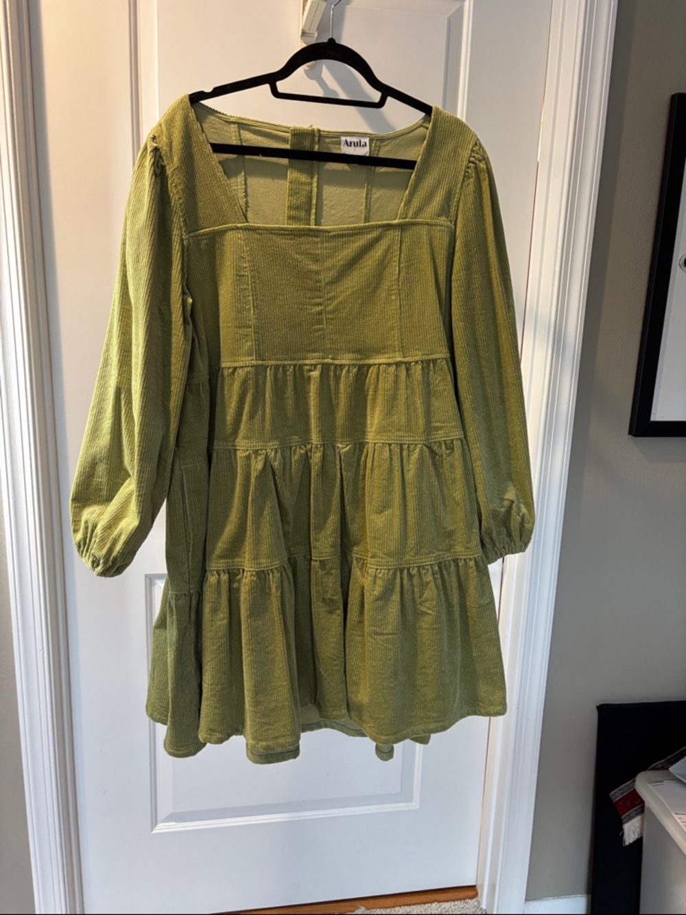 ARULA Olive Green Tiered Square-Neck Corduroy Dress
